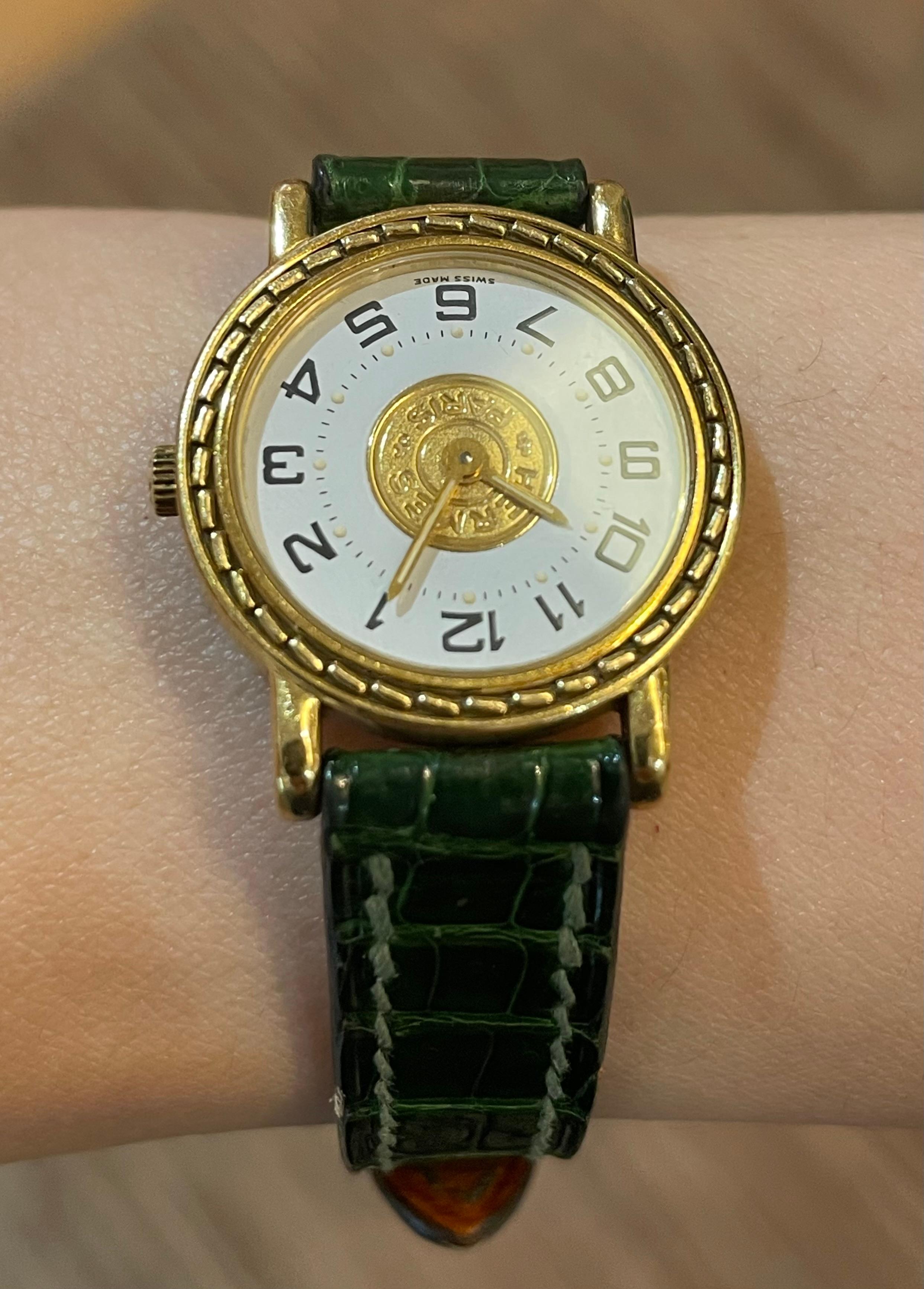 Hermès Paris 18 Kt Gold 'Sellier' Wristwatch, Crocodile Strap For Sale 7