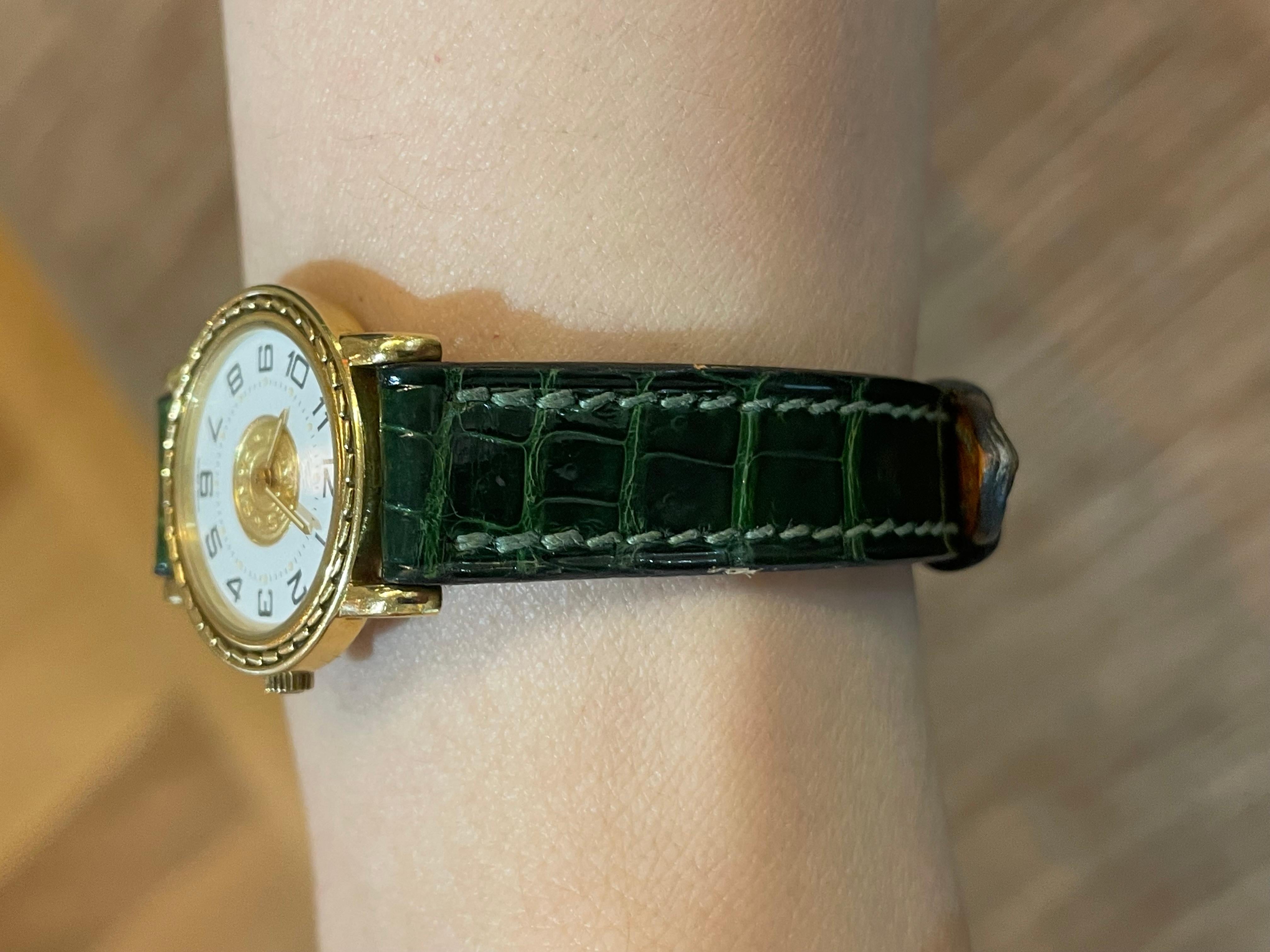 Hermès Paris 18 Kt Gold 'Sellier' Wristwatch, Crocodile Strap For Sale 8