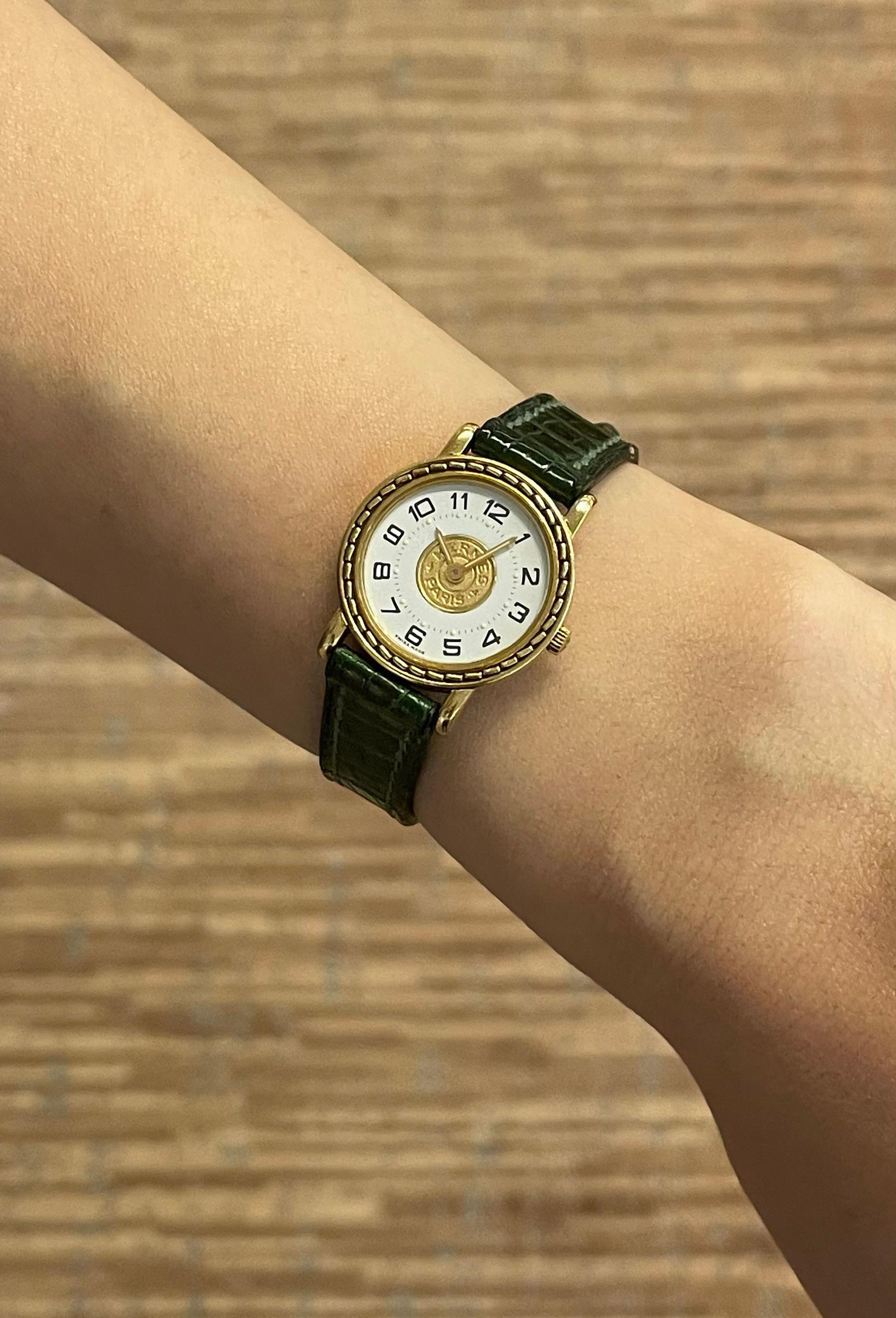 Contemporary Hermès Paris 18 Kt Gold 'Sellier' Wristwatch, Crocodile Strap For Sale