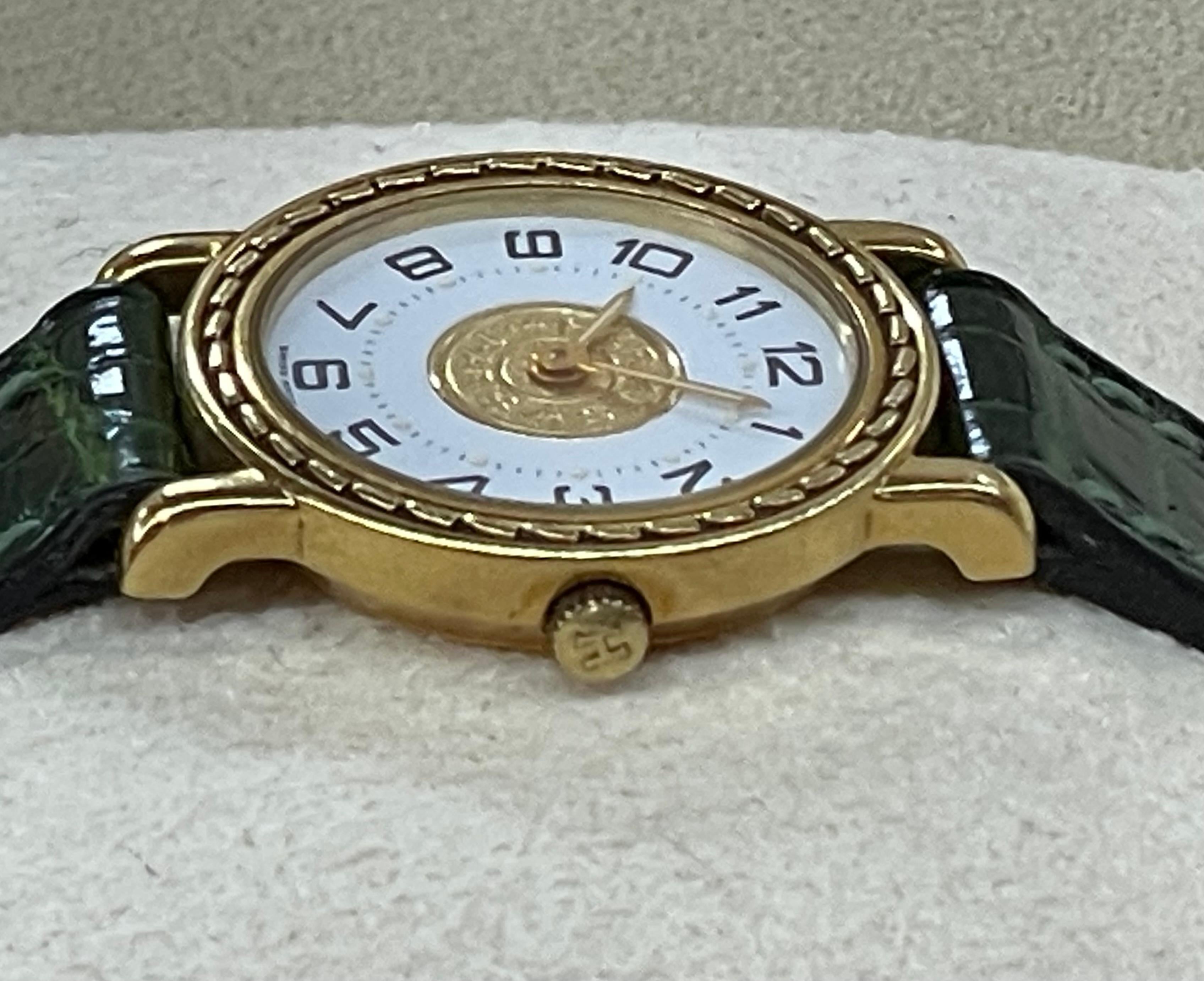 Women's or Men's Hermès Paris 18 Kt Gold 'Sellier' Wristwatch, Crocodile Strap For Sale