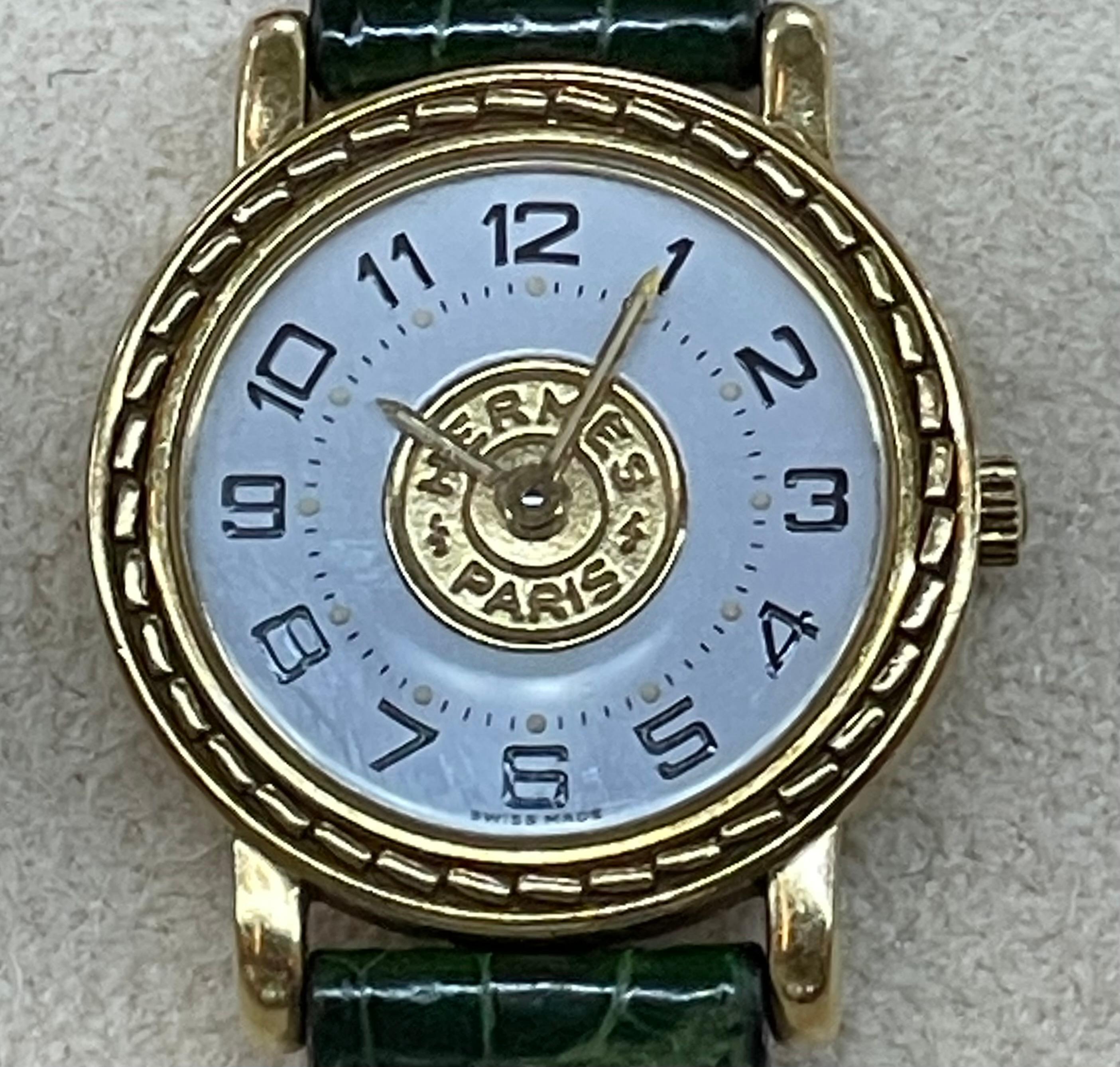 Hermès Paris 18 Kt Gold 'Sellier' Wristwatch, Crocodile Strap For Sale 2