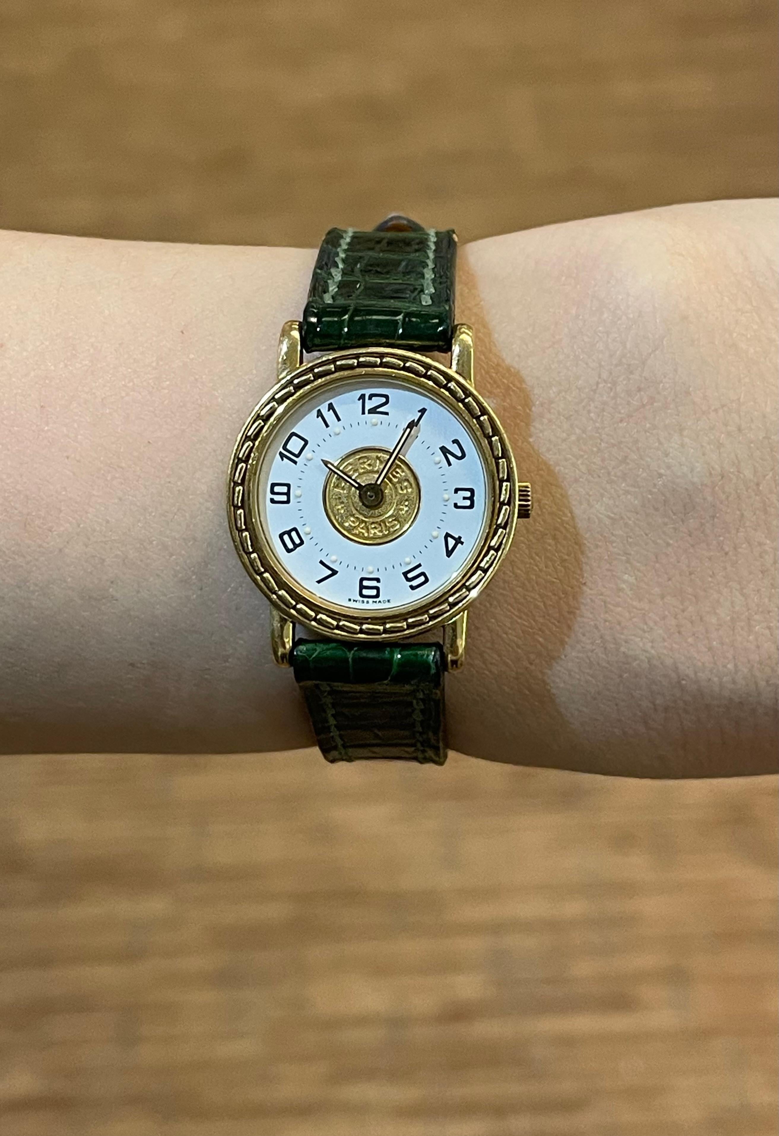 Hermès Paris 18 Kt Gold 'Sellier' Wristwatch, Crocodile Strap For Sale 3