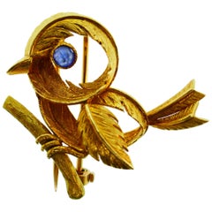 Hermes Paris 18k Yellow Gold and Cabochon Sapphire Bird Clip Brooch Vintage Rare