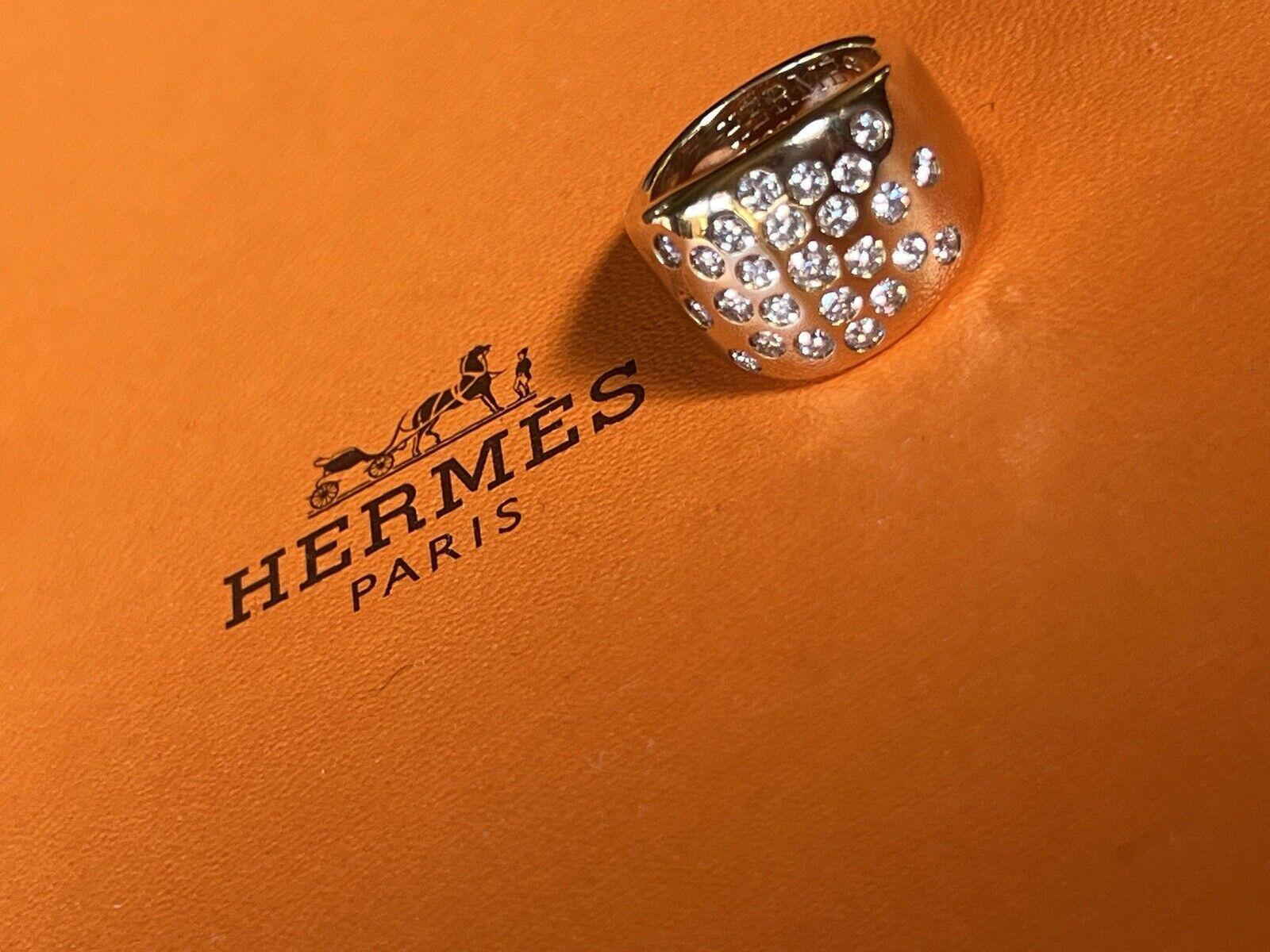Round Cut HERMES PARIS 18k Yellow Gold & Diamond Cigar Band Ring Vintage Circa 1980s