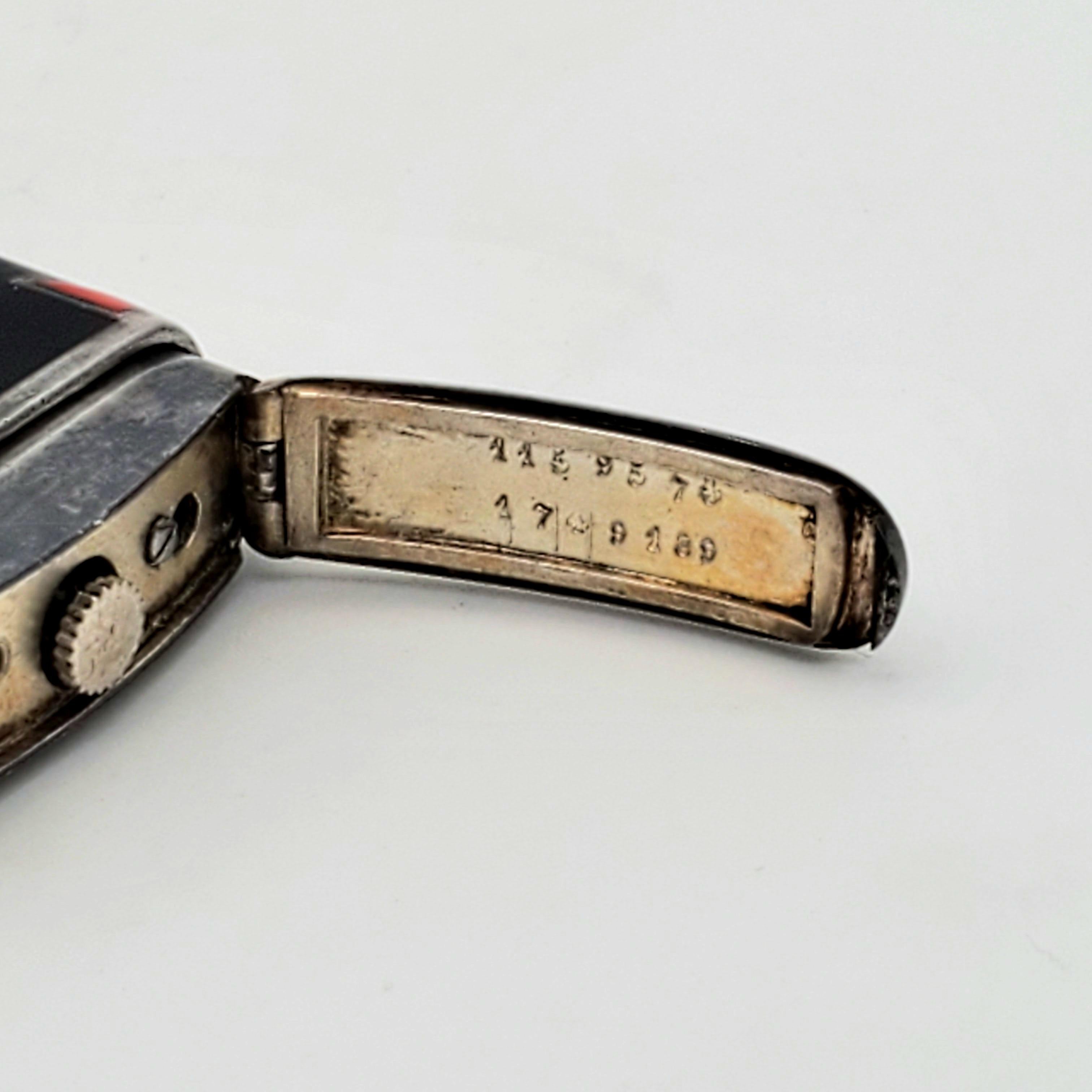 Women's or Men's Hermes Paris 1930 Art Deco Portable Watch In Red Black Lacquer & Sterling Silver