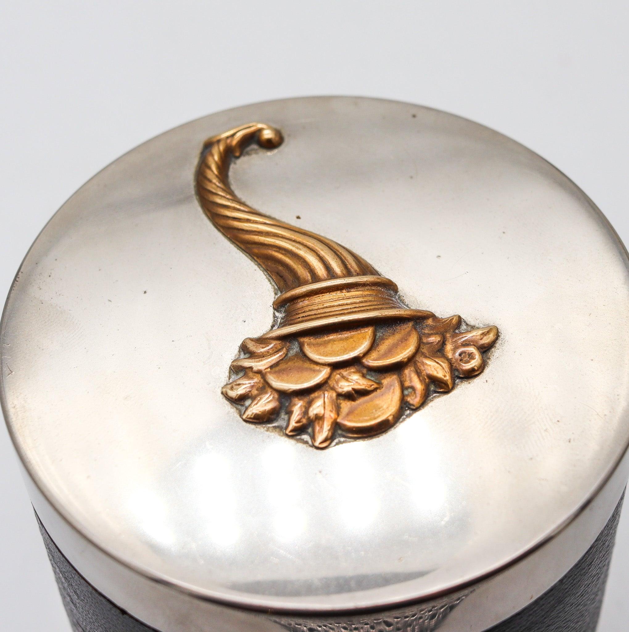 HERMES PARIS 1940 Schreibtisch Runde Box In vergoldeter Bronze Vernickelt & Leder (Französisch) im Angebot