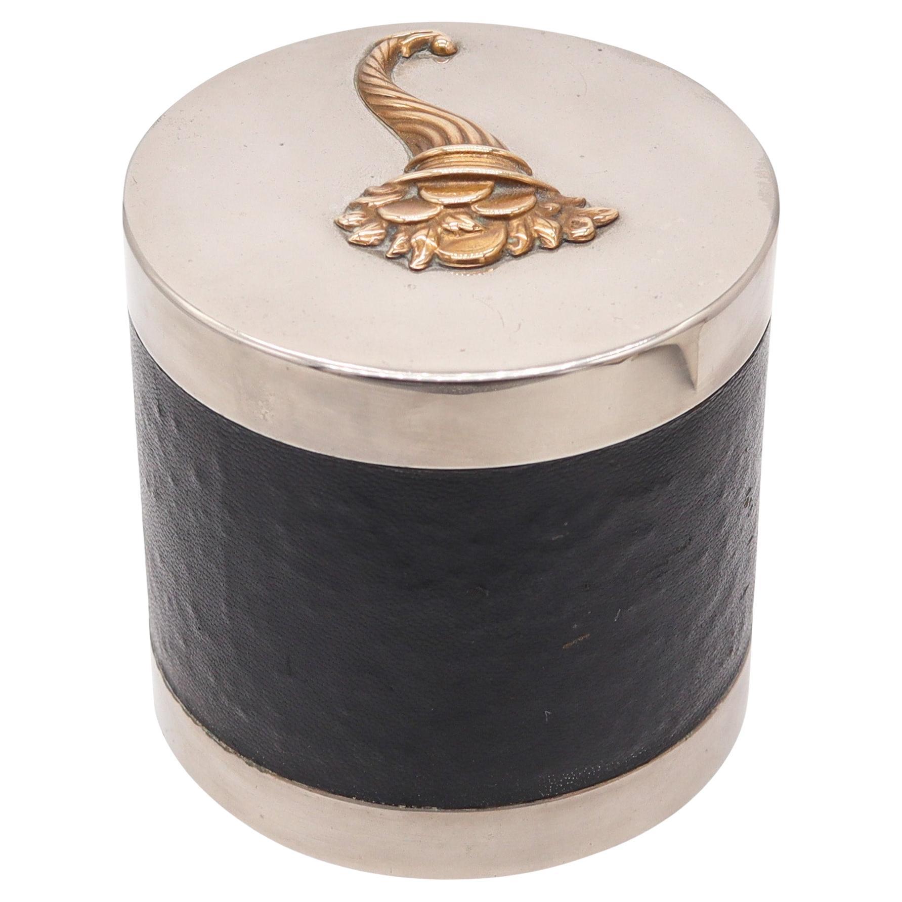 HERMES PARIS 1940 Desk Round Box In Gilt Bronze Nickel Plated & Leather