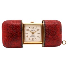 Vintage Hermes Paris 1950 Ermeto Portable Purse Watch in Gilt and Reddish Leather