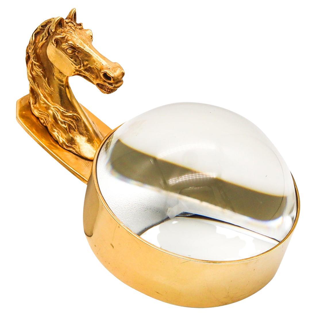 Hermes Paris 1960 Vintage Horse Motif Desk Magnifier Glass in 18Kt Gilded Silver
