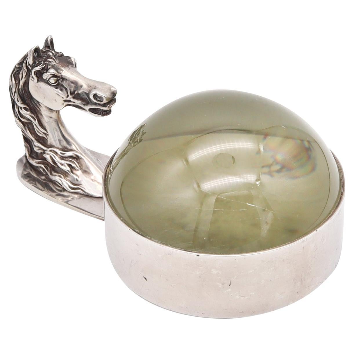 Hermes Paris 1960 Vintage Horse Motif Desk Magnifier Glass in Silver