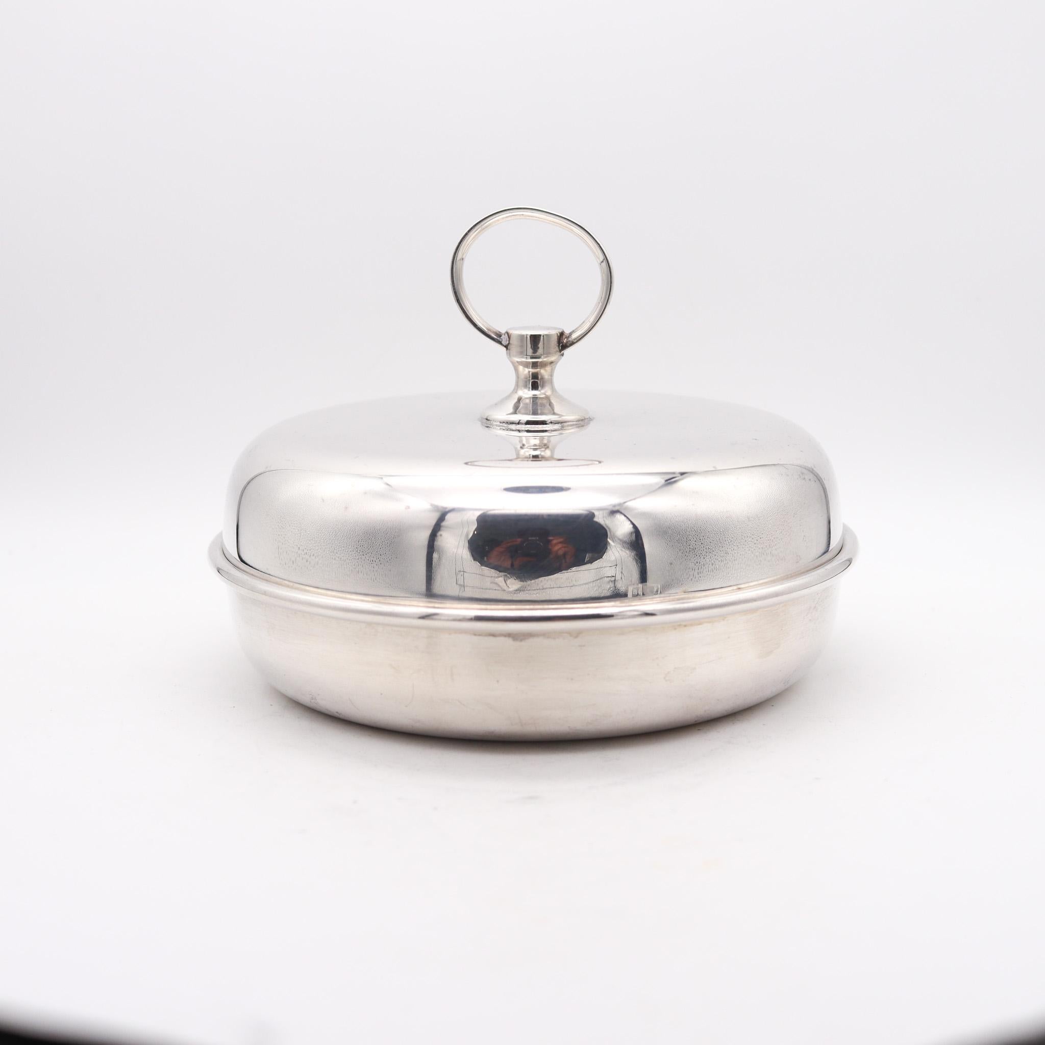 Round covered dish designed by Hermes.

This is a very beautiful and highly decorative piece, created in Paris France by the luxury house of Hermes, back in the 1960. This useful desk covered dish is very rare and a highly collectible item. Has been