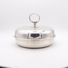 Hermes Paris 1960 Vintage Modernist Desk Box Round Covered Dish In silver