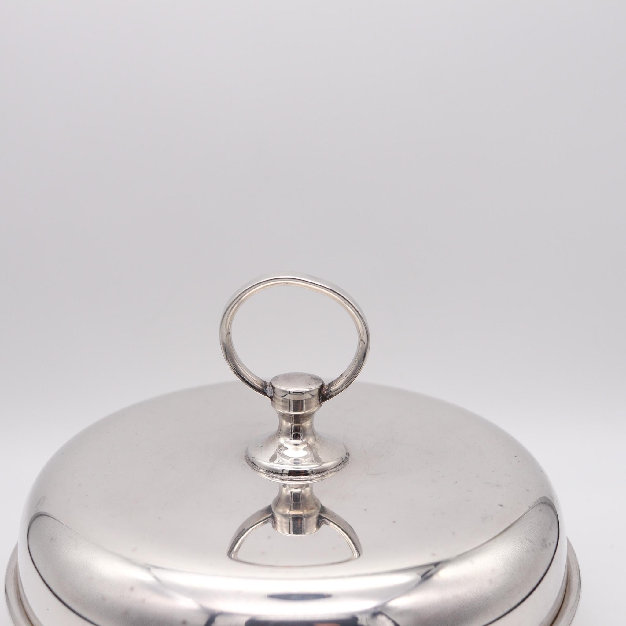 French Hermes Paris 1960 Vintage Modernist Desk Box Round Covered Dish In silver For Sale