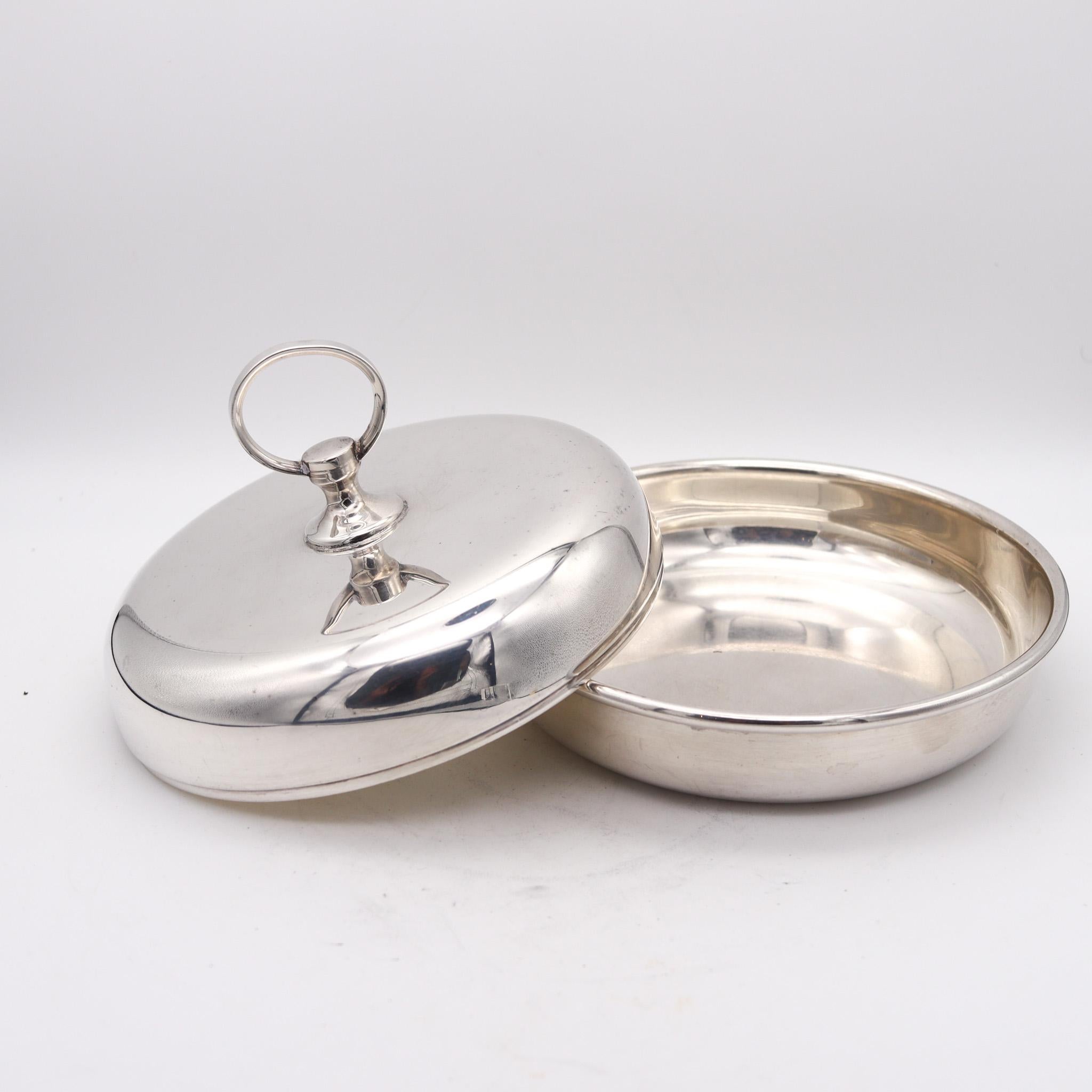 Hand-Crafted Hermes Paris 1960 Vintage Modernist Desk Box Round Covered Dish In silver For Sale