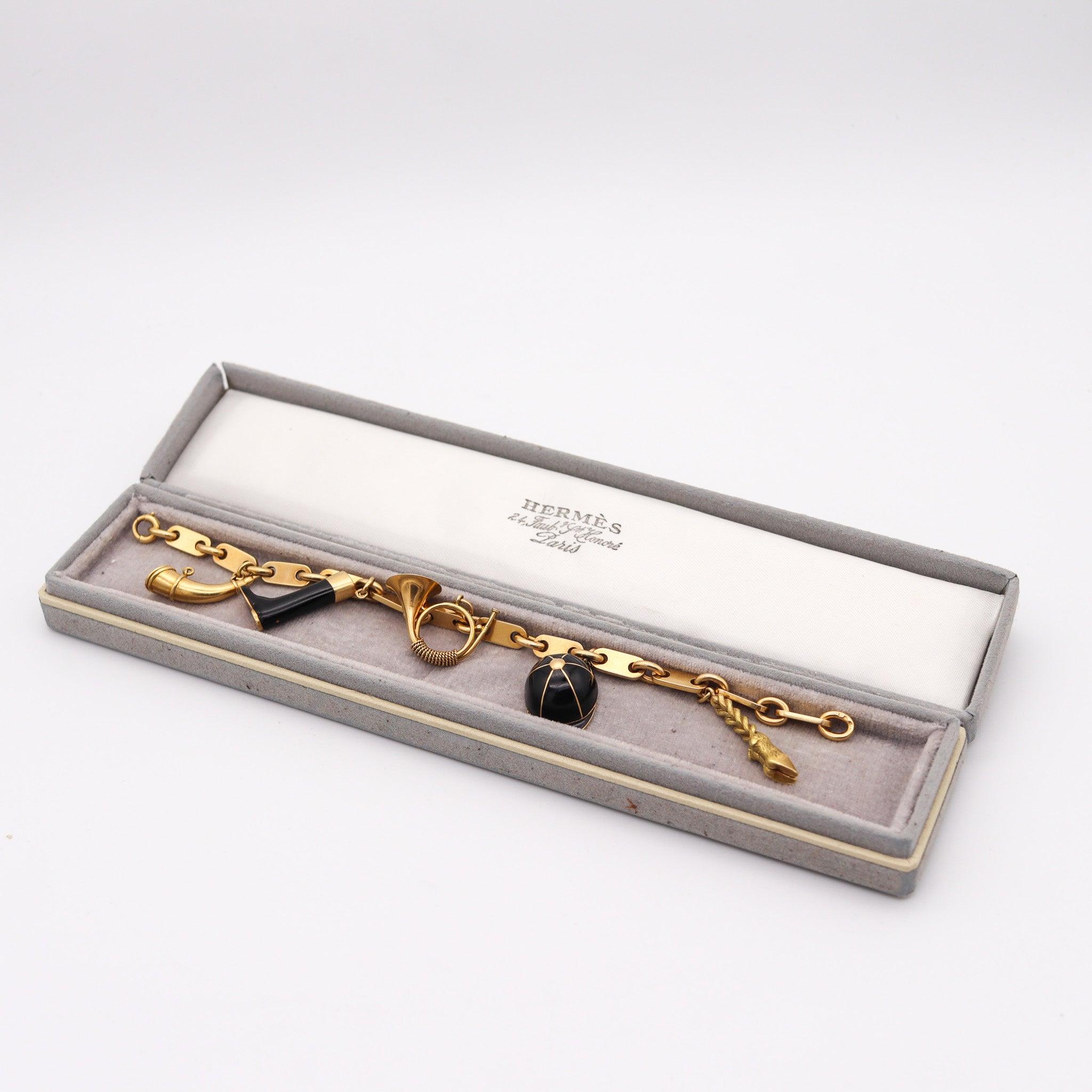 Modernist HERMES Paris 1970 By Georges L'Enfant Five-Charms Bracelet Rich 18Kt Yellow Gold