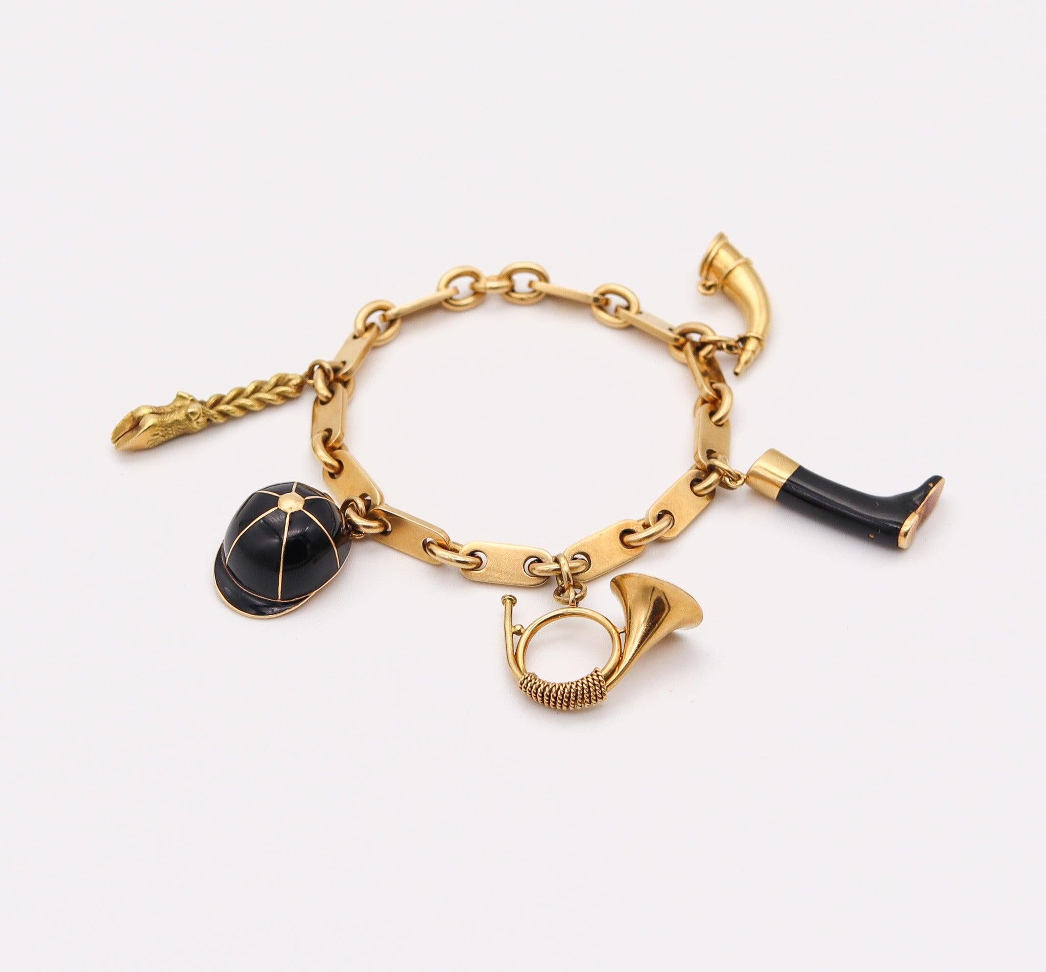HERMES Paris 1970 By Georges L'Enfant Five-Charms Bracelet Rich 18Kt Yellow Gold In Excellent Condition In Miami, FL