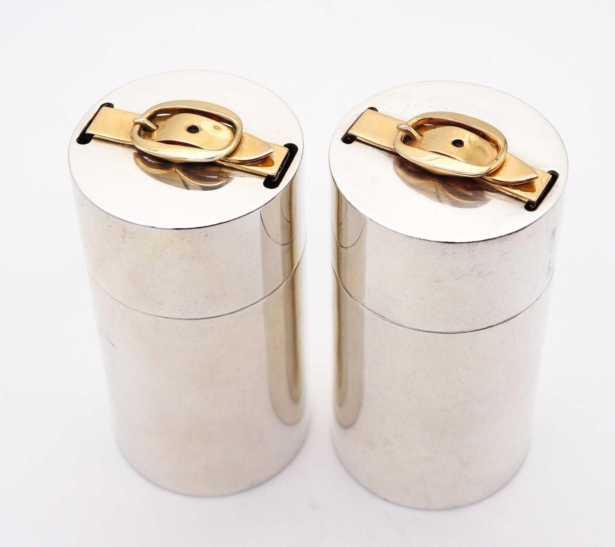 French HERMES PARIS 1970 Desk Cylinders Lighter & Cigarettes Box In Gilt And Sterling