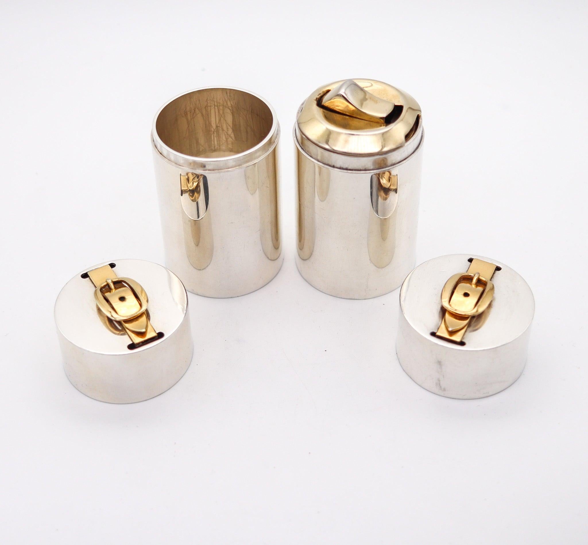 HERMES PARIS 1970 Desk Cylinders Lighter & Cigarettes Box In Gilt And Sterling In Excellent Condition In Miami, FL