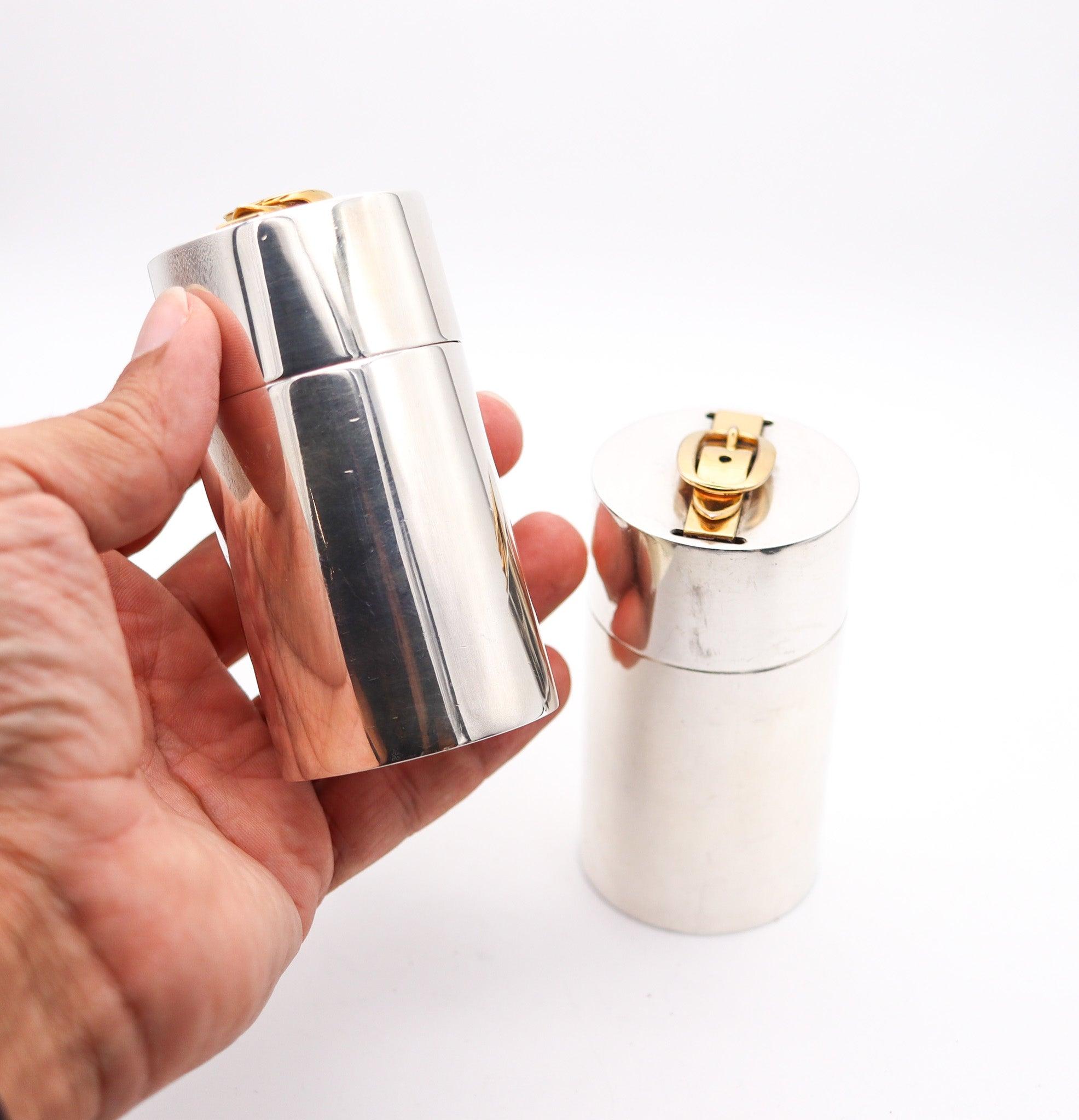 Late 20th Century HERMES PARIS 1970 Desk Cylinders Lighter & Cigarettes Box In Gilt And Sterling