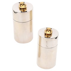 HERMES PARIS 1970 Desk Cylinders Lighter & Cigarettes Box In Gilt And Sterling