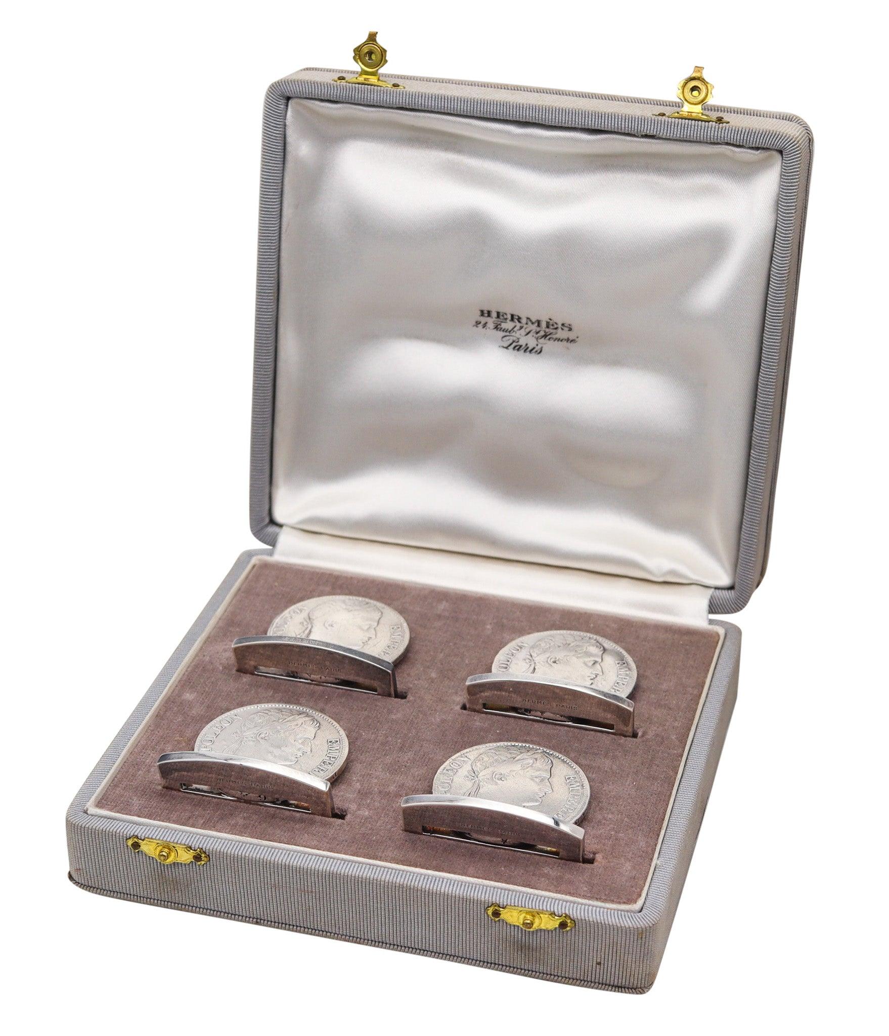 Mid-Century Modern HERMES Paris 1970 Table Menu-Cards Holders With Napoleon Coins 925 Sterling For Sale