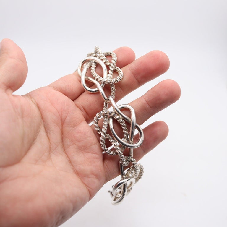 Bracelet Ancien En Argent Massif Et émail - Style Chaîne - Vers 1970 - Occasion Vintage