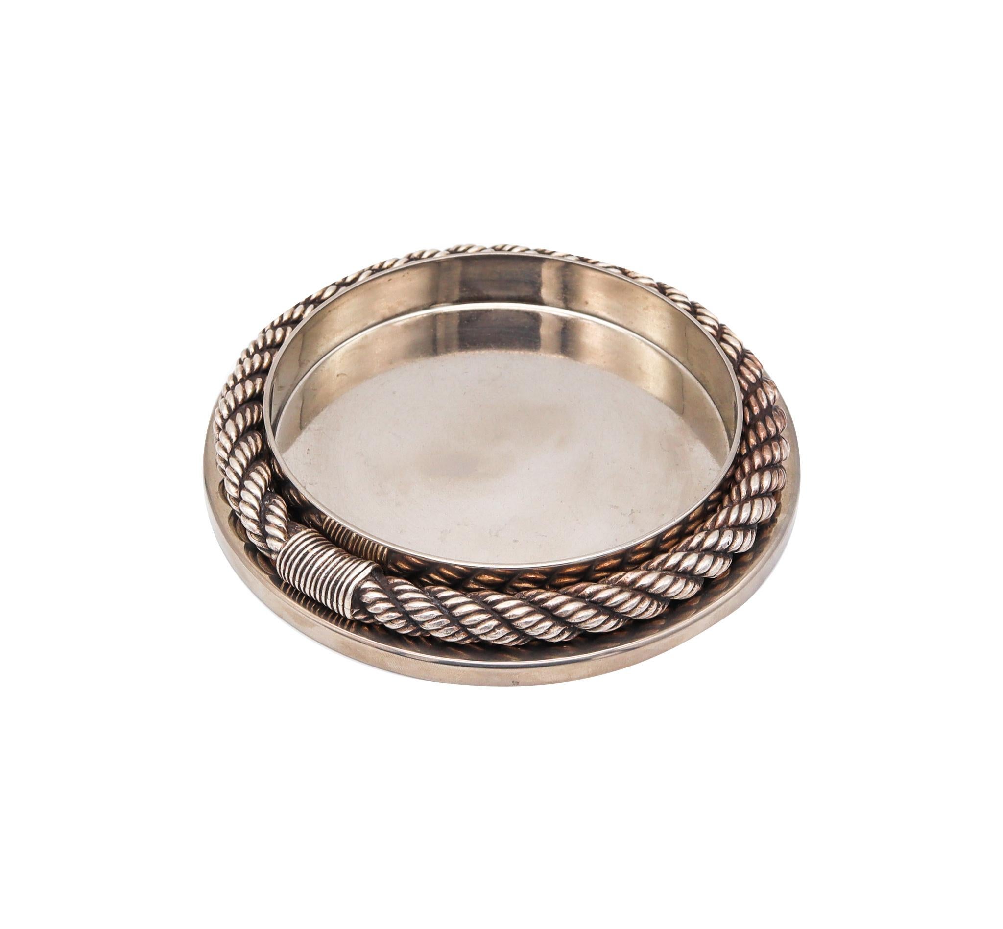 Hermes Paris 1970 Vintage Mariner Rope Champagne Coaster in Polished Silver In Excellent Condition In Miami, FL