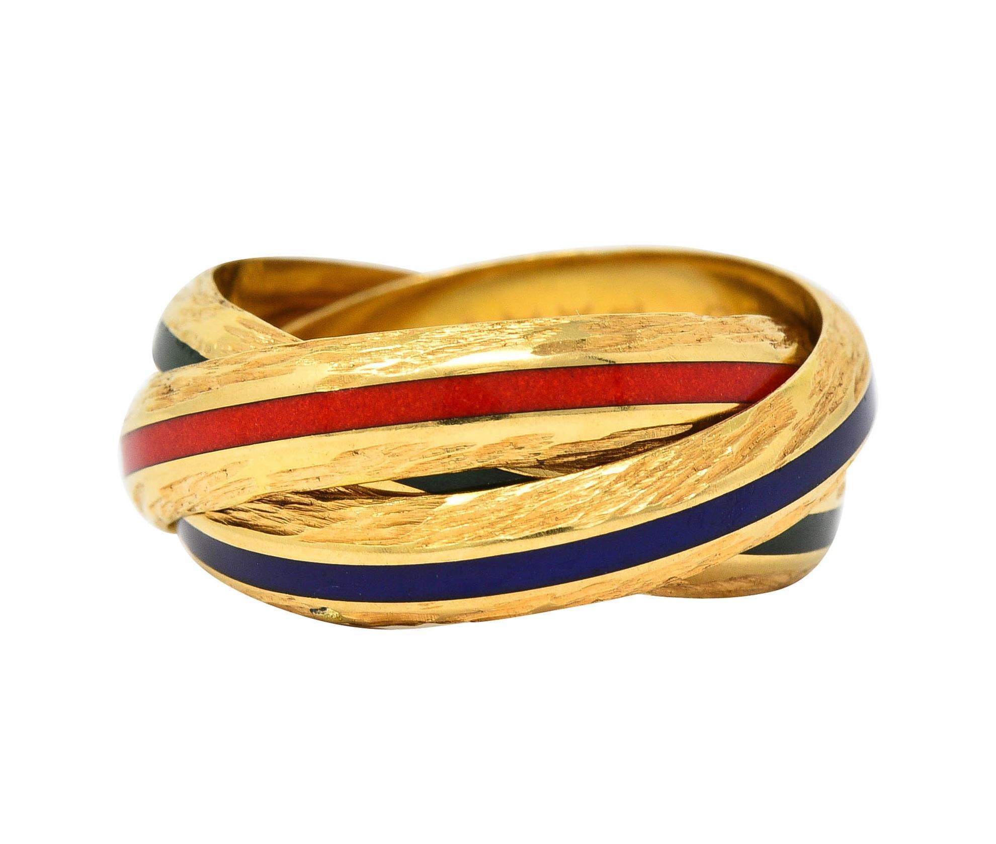 Hermès Paris 1970's Enamel 18 Karat Yellow Gold Trinity Vintage Rolling Ring 8