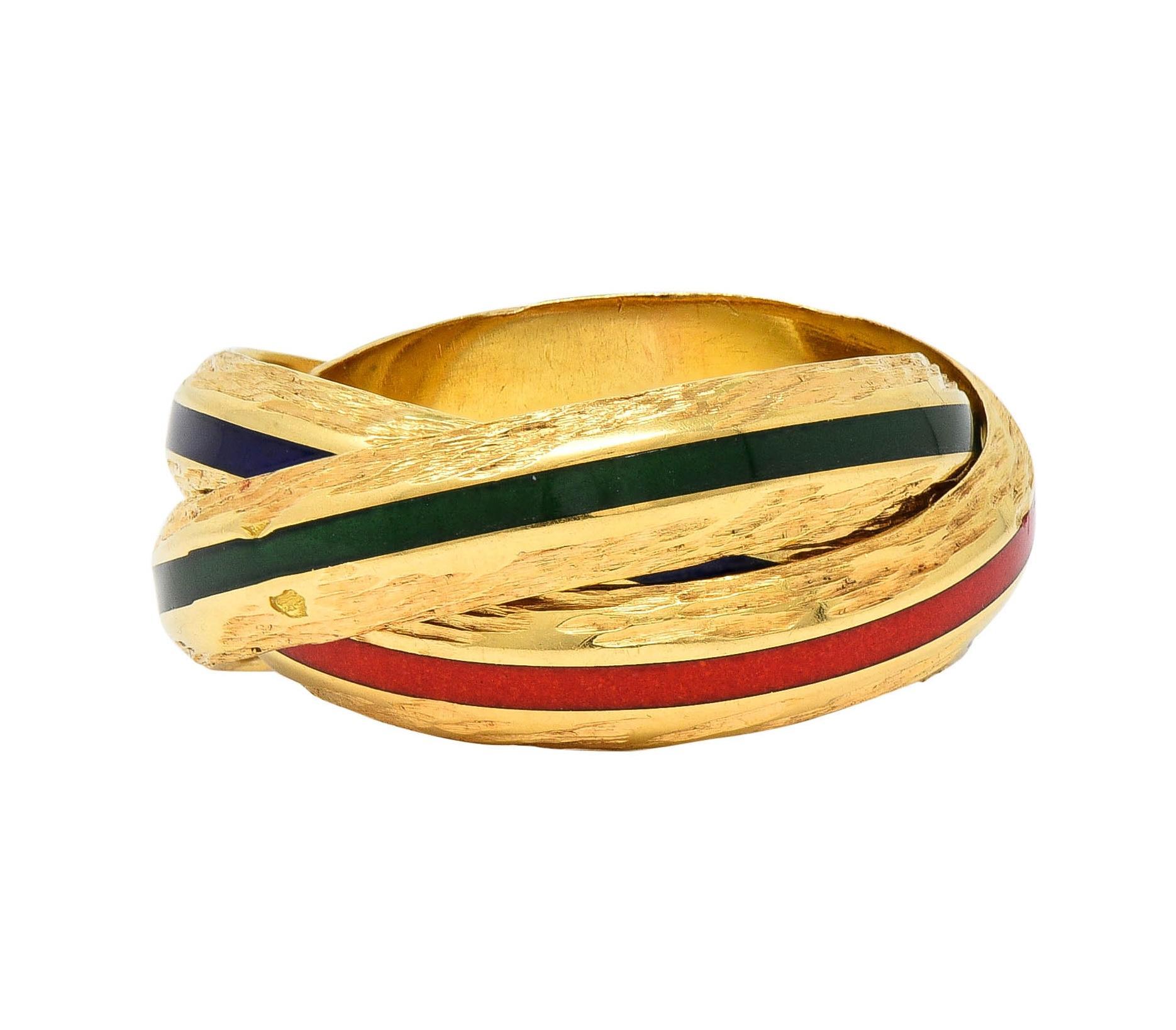 Hermès Paris 1970's Enamel 18 Karat Yellow Gold Trinity Vintage Rolling Ring In Excellent Condition In Philadelphia, PA