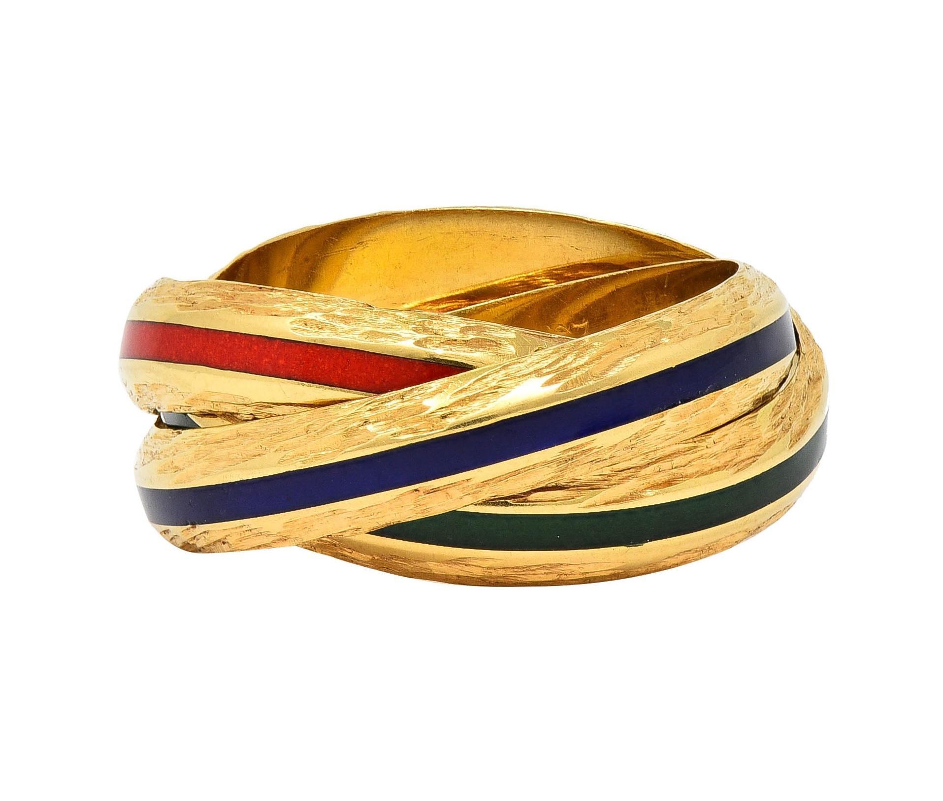 Women's or Men's Hermès Paris 1970's Enamel 18 Karat Yellow Gold Trinity Vintage Rolling Ring