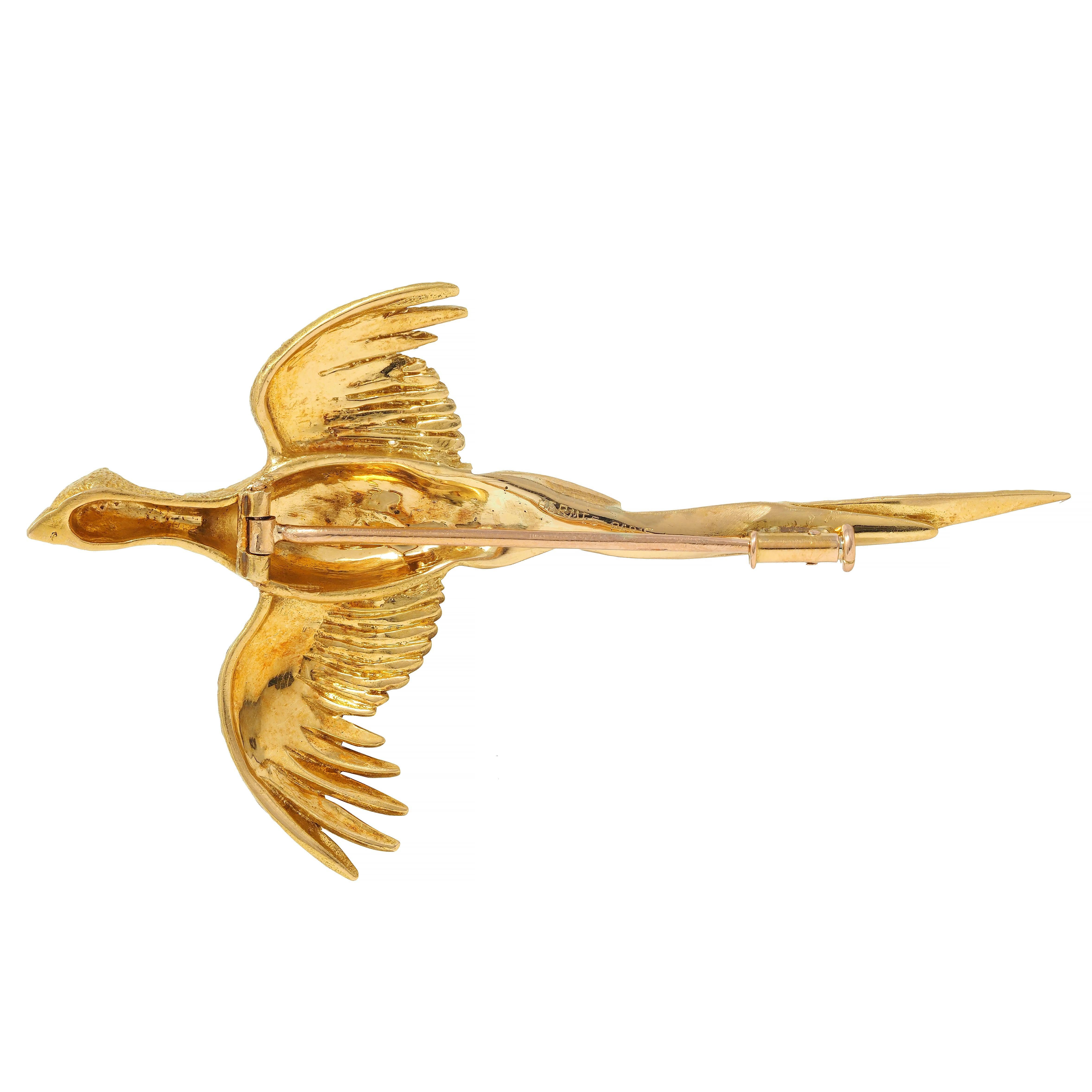 Hermés Paris 1970's Ruby 18 Karat Yellow Gold Vintage Pheasant Bird Brooch In Excellent Condition For Sale In Philadelphia, PA