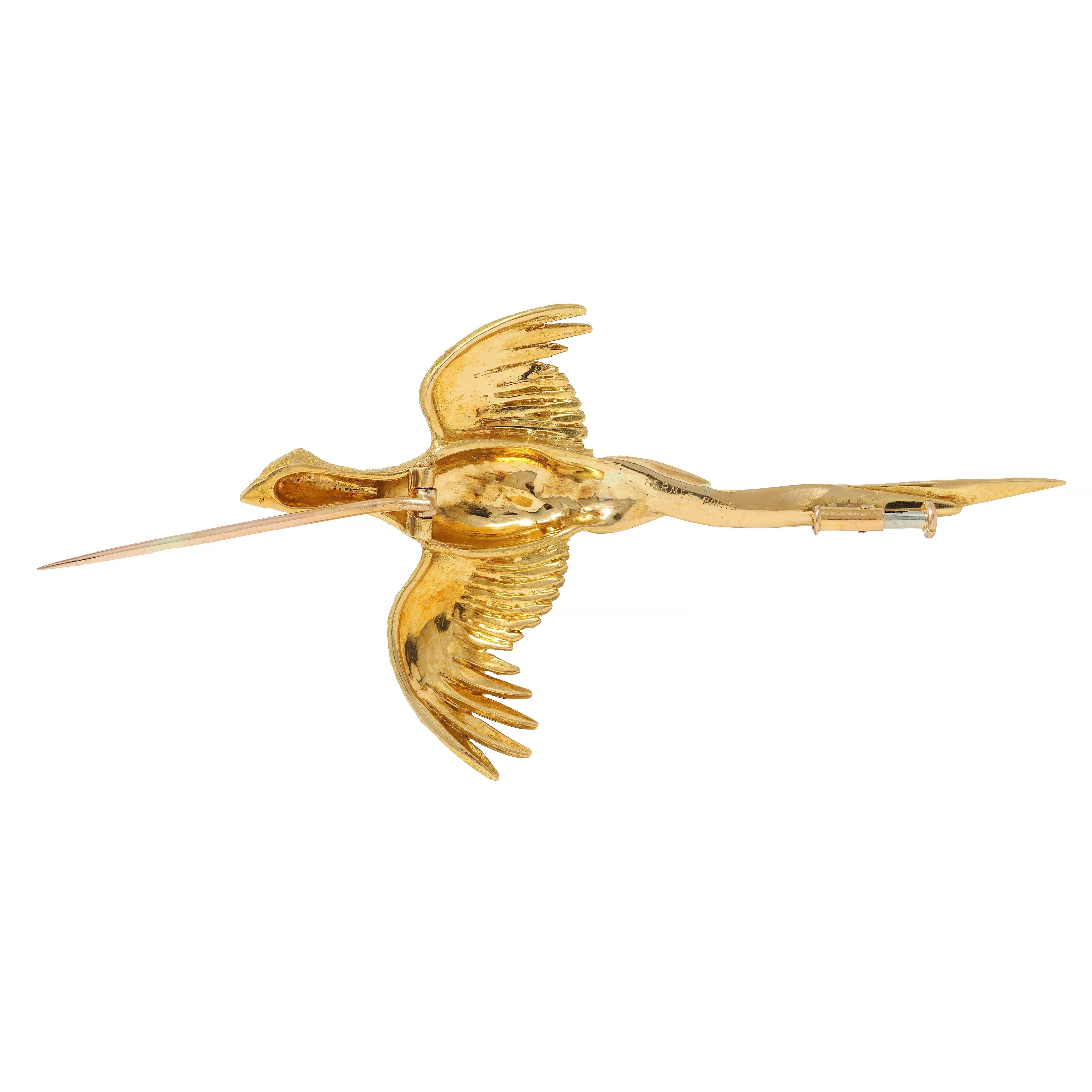 Hermés Paris 1970's Ruby 18 Karat Yellow Gold Vintage Pheasant Bird Brooch For Sale 5