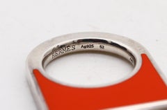 Hermes Paris 1980 Geometric Ring In Solid 925 Sterling Silver With Orange Enamel