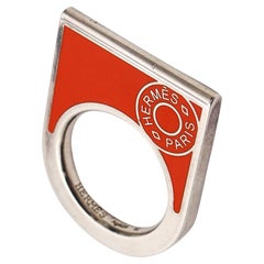 Hermes Paris 1980 Geometric Ring In Solid 925 Sterling Silver With Orange Enamel