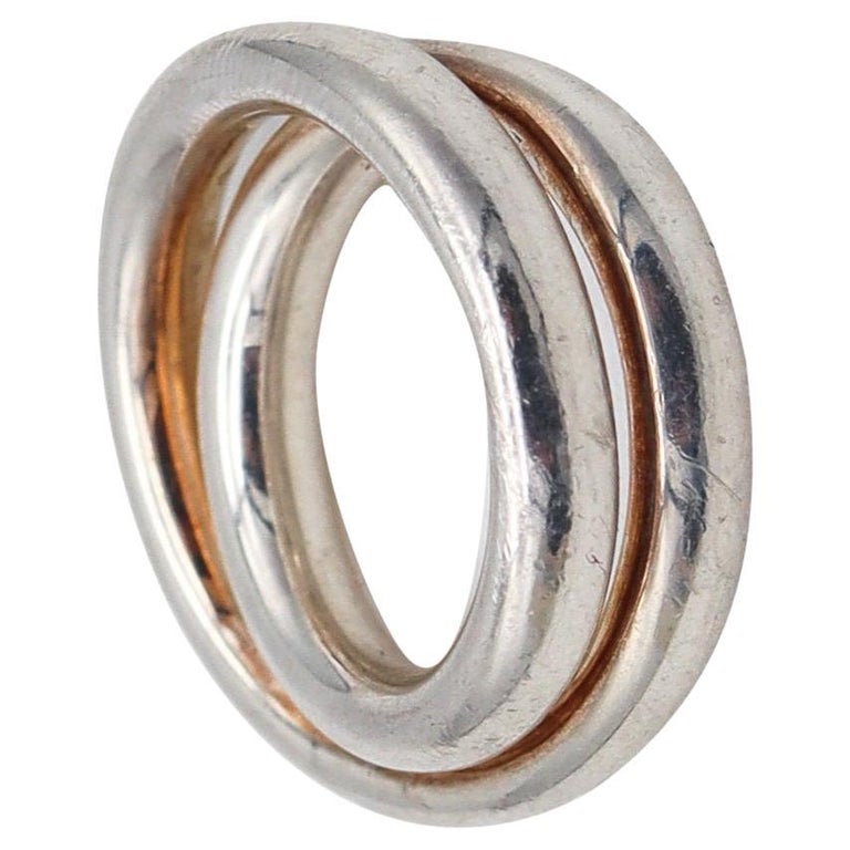 Hermes Paris 1998 Vertige Swirl Double Ring Solid .925 Sterling Silver With  Box For Sale at 1stDibs