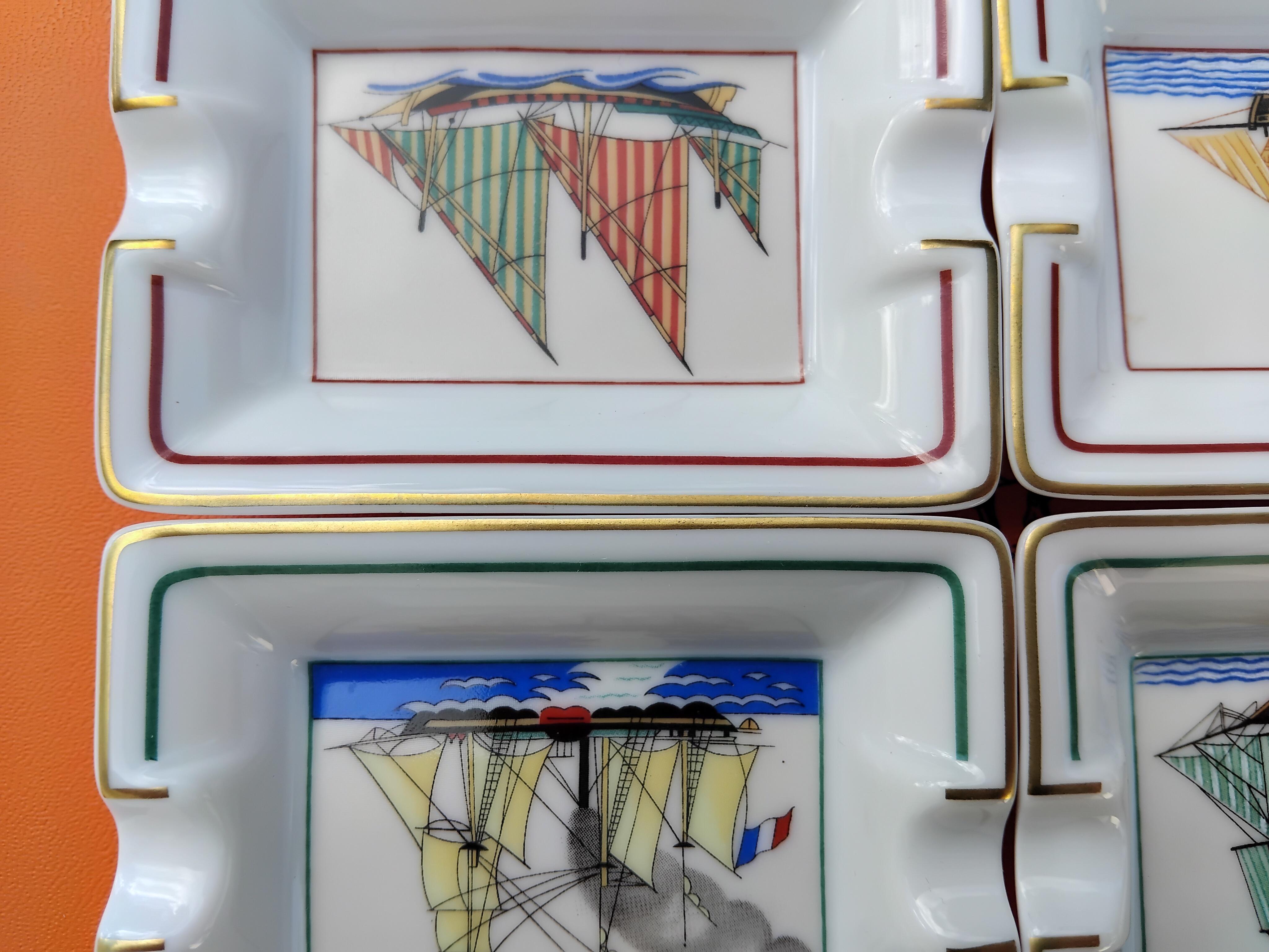 Hermès Paris 4 Mini Aschenbecher ändern Tabletts Segelboote Prints Marine Porzellan Gold im Angebot 6