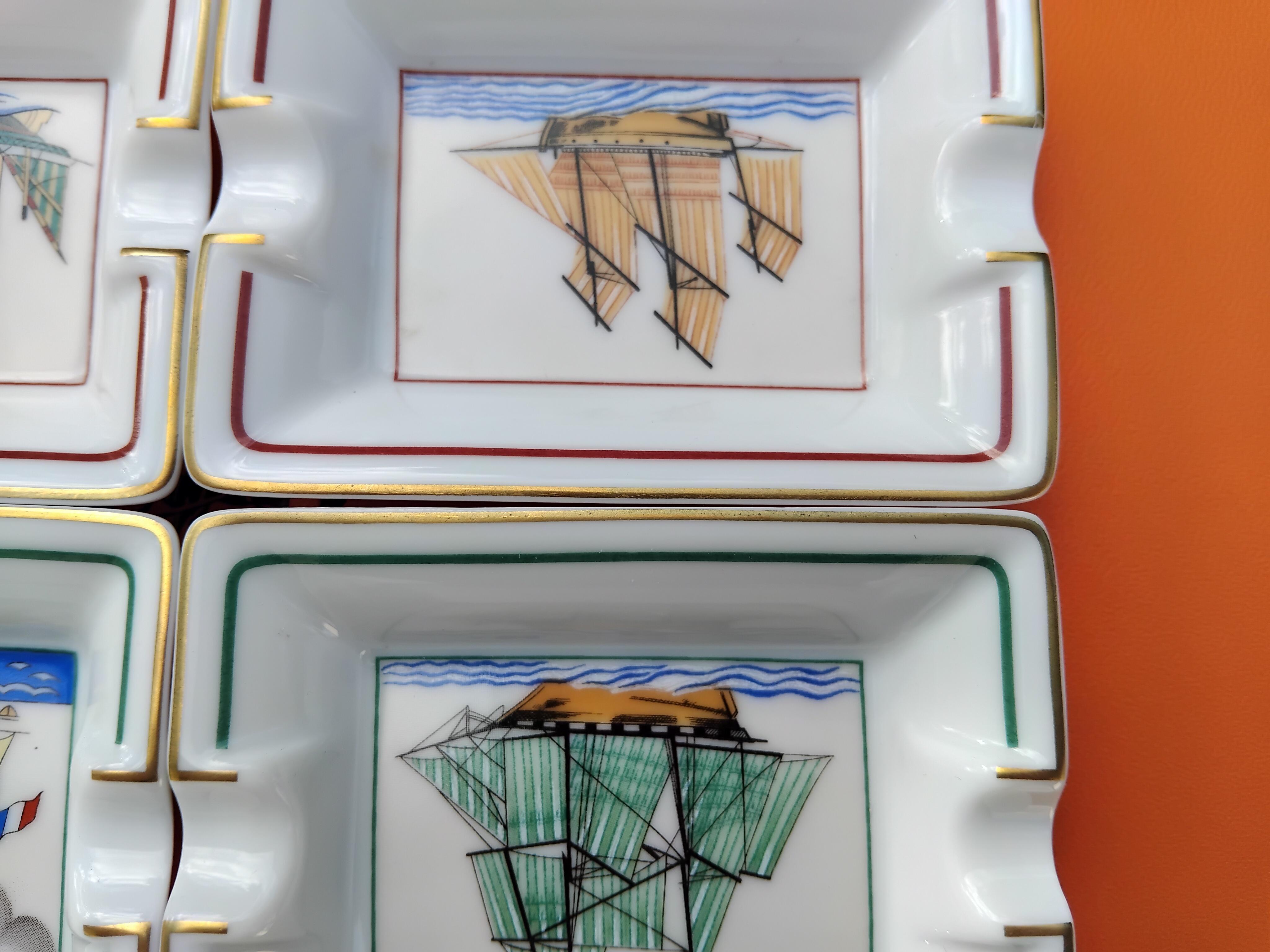 Hermès Paris 4 Mini Aschenbecher ändern Tabletts Segelboote Prints Marine Porzellan Gold im Angebot 7
