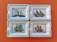 Hermès Paris 4 Mini Ashtrays Change Trays Sailboats Prints Navy Porcelain Gold