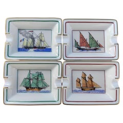 Hermès Paris 4 Mini Ashtrays Change Trays Sailboats Prints Navy Porcelain Gold