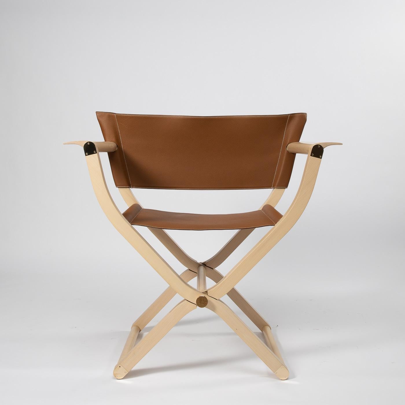 Fauteuil pliant en bois d'érable et cuir naturel 