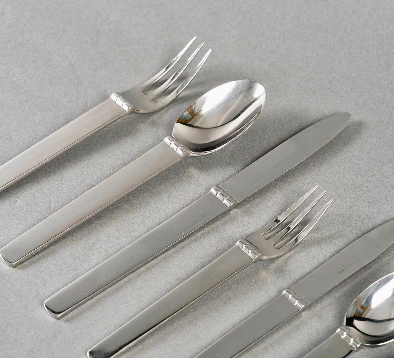 French Hermès Paris - Art Deco Modernist Charniere Cutlery Flatware Set Stainless Steel