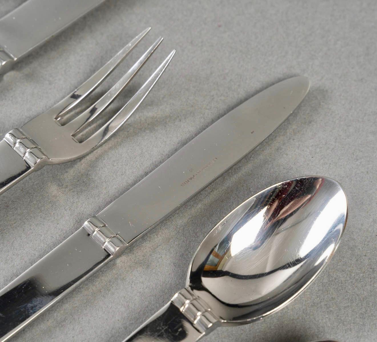 Hermès Paris - Art Deco Modernist Charniere Cutlery Flatware Set Stainless Steel 1