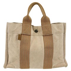 Hermes Paris Beige Orange Stripes Cotton Fourre Tout PM Bag