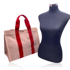 Hermes Paris Beige Red Canvas Bora Bora GM Tote Beach Bag
