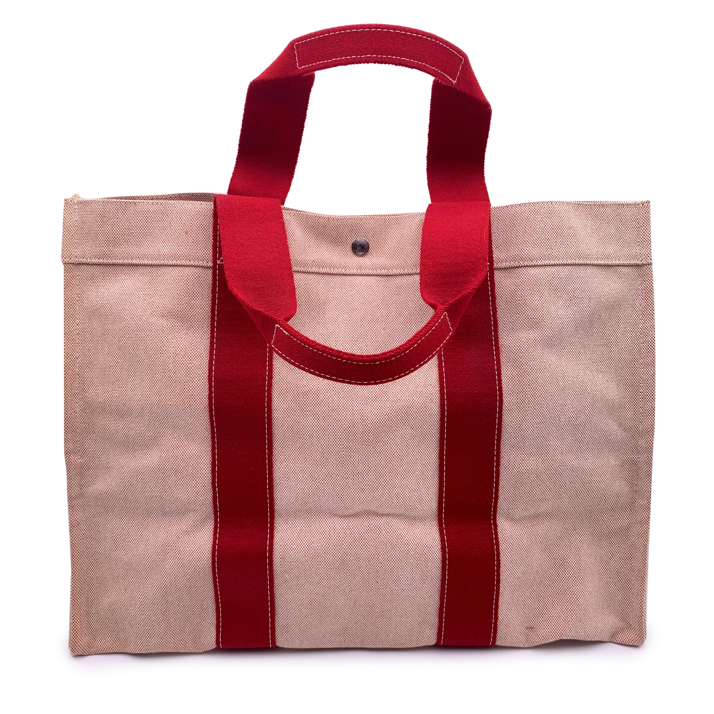 Hermes Paris Beige Red Canvas Bora Bora GM Tote Beach Bag In Excellent Condition For Sale In Rome, Rome