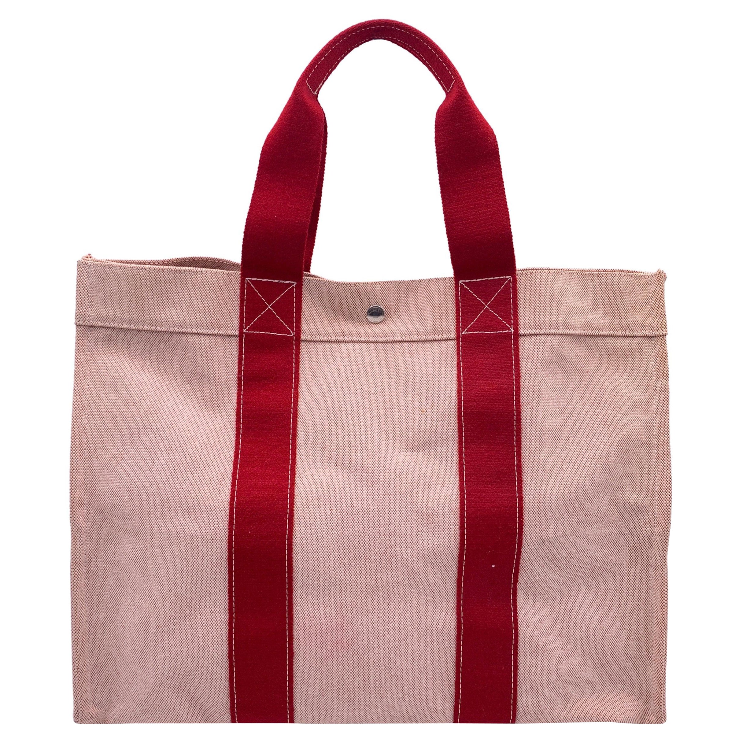 Hermes Paris Beige Red Canvas Bora Bora GM Tote Beach Bag