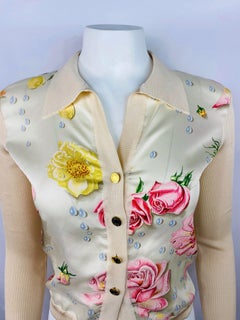 Hermes- Paris Beige Silk and Knit Button Down Top Size 38