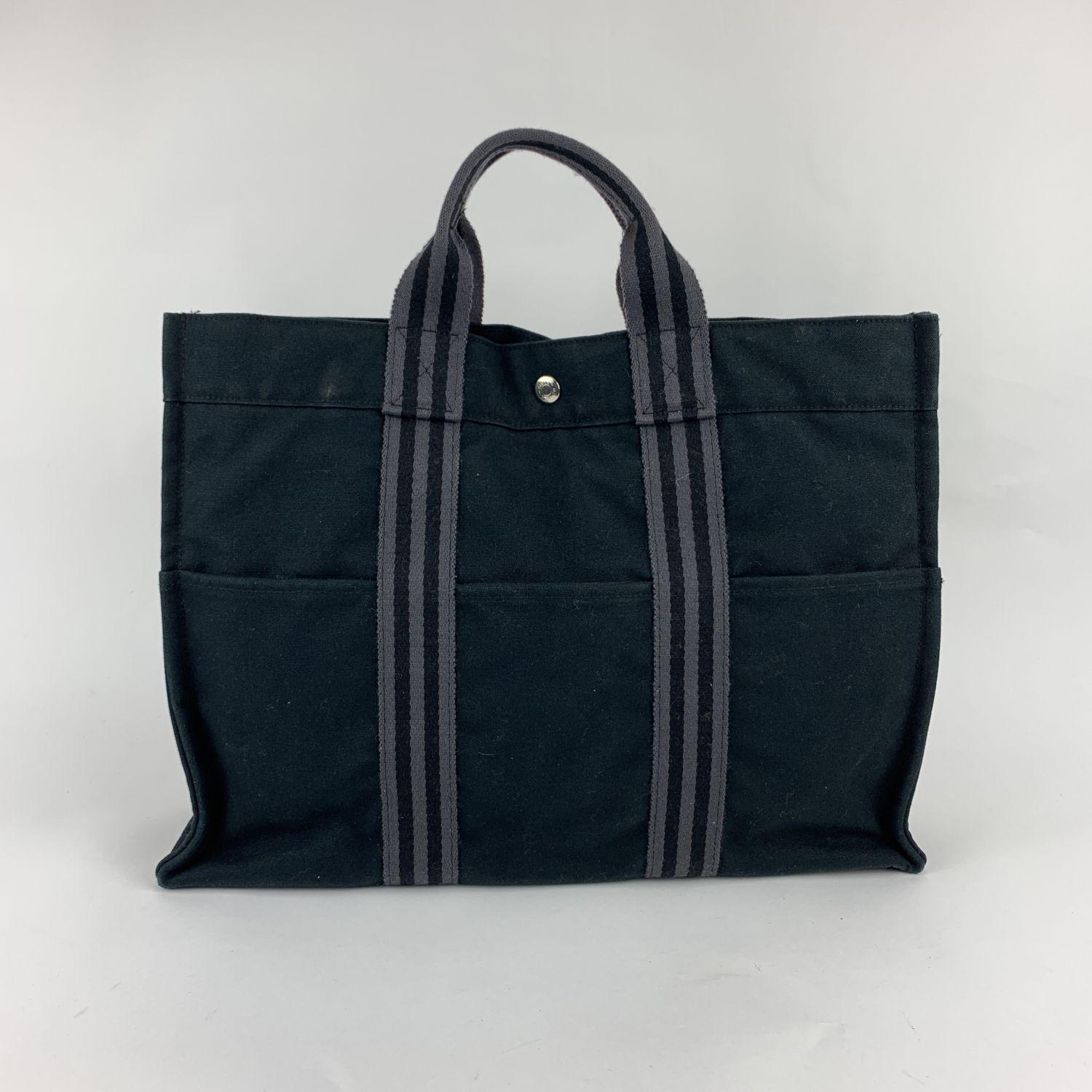 Hermes Paris Black and Gray Cotton Fourre Tout MM Tote Bag In Excellent Condition In Rome, Rome
