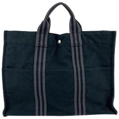 Hermes Paris Black and Gray Cotton Fourre Tout MM Tote Bag