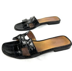 Hermès Paris Black Croc Leather Oran Flat Slide Sandals, Size 38.5